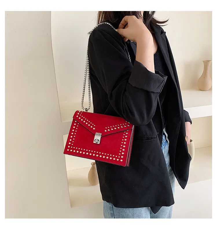 Studded small square bag Korean version of the matte crossbody bag - Red