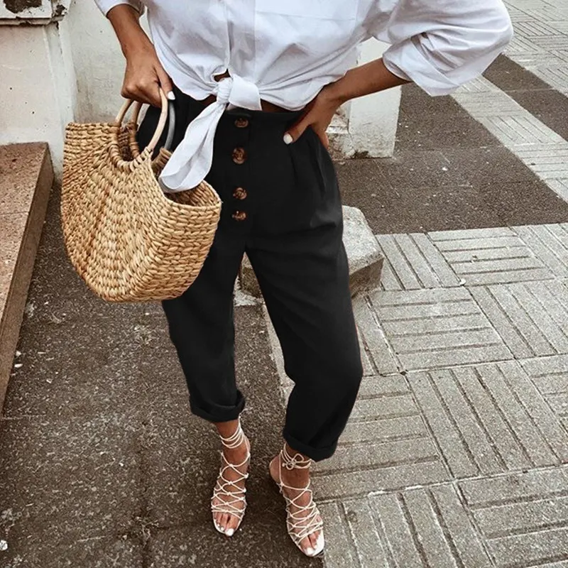 Women's Vintage Loose High Waist Casual Pants - Black