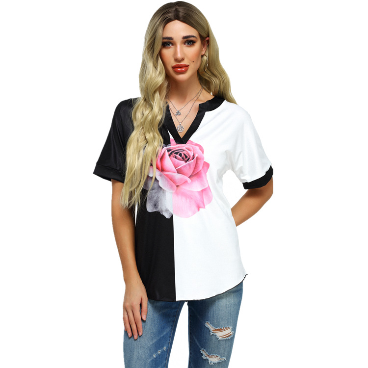 New temperament commute a flower real shot short sleeve female T