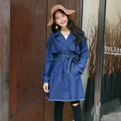 Casual windbreaker jacket women's long-sleeved mid-length denim belted skirt - Blue - View 1