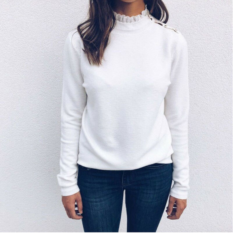Lace round neck shoulder button long sleeve T-shirt