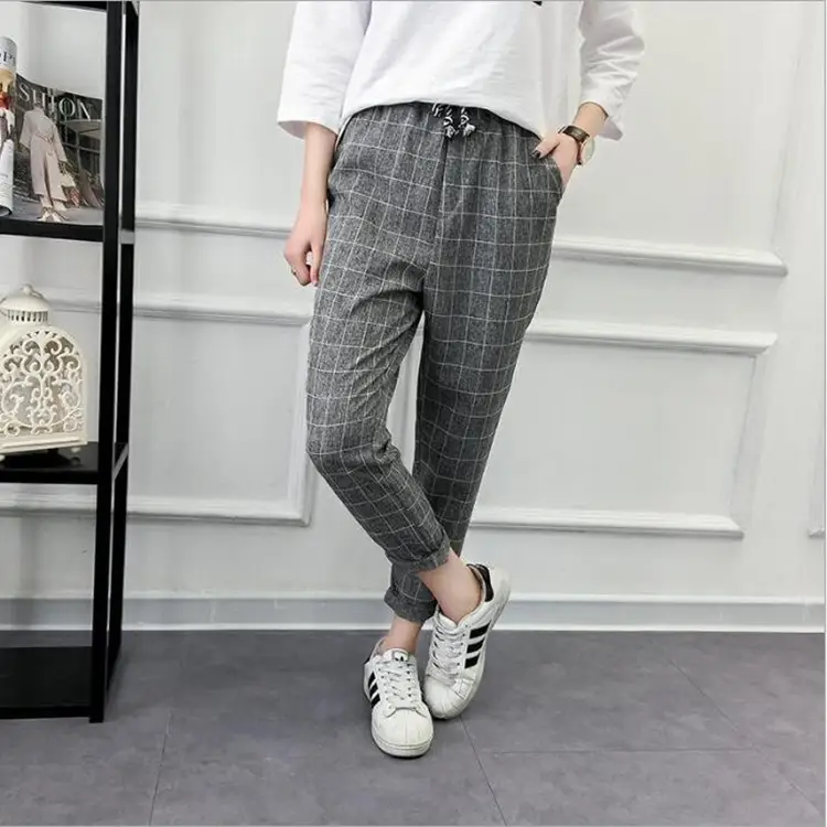 Nine points harem plaid casual pants