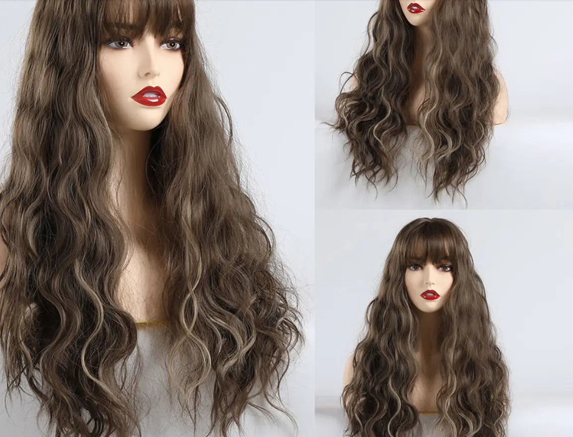 Brown mixed color long bangs curly hair