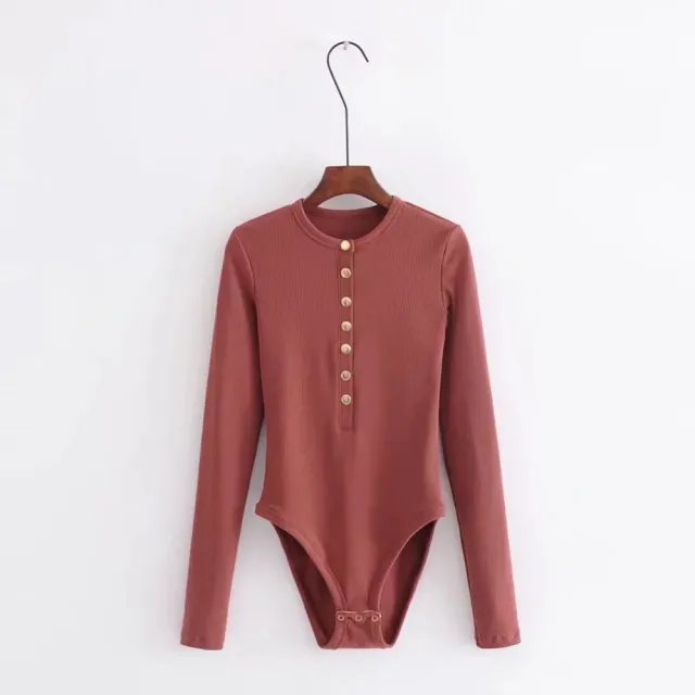Long sleeved knitted bottoming shirt buttoned slim bodysuit Rust Red - Shop at LoveMi
