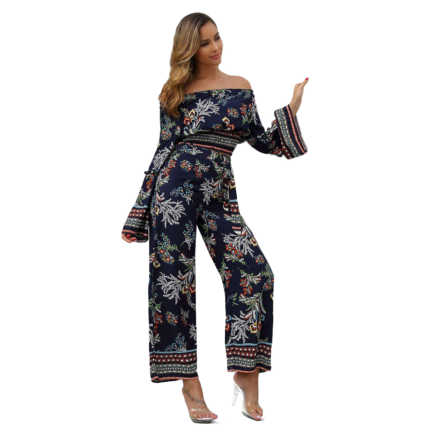 One-shoulder top wide-leg pants