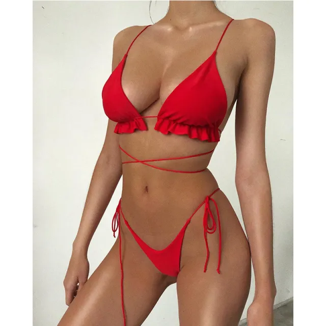 Long rope flashing bikini European and American foreign trade swimwear Red - Shop at LoveMi