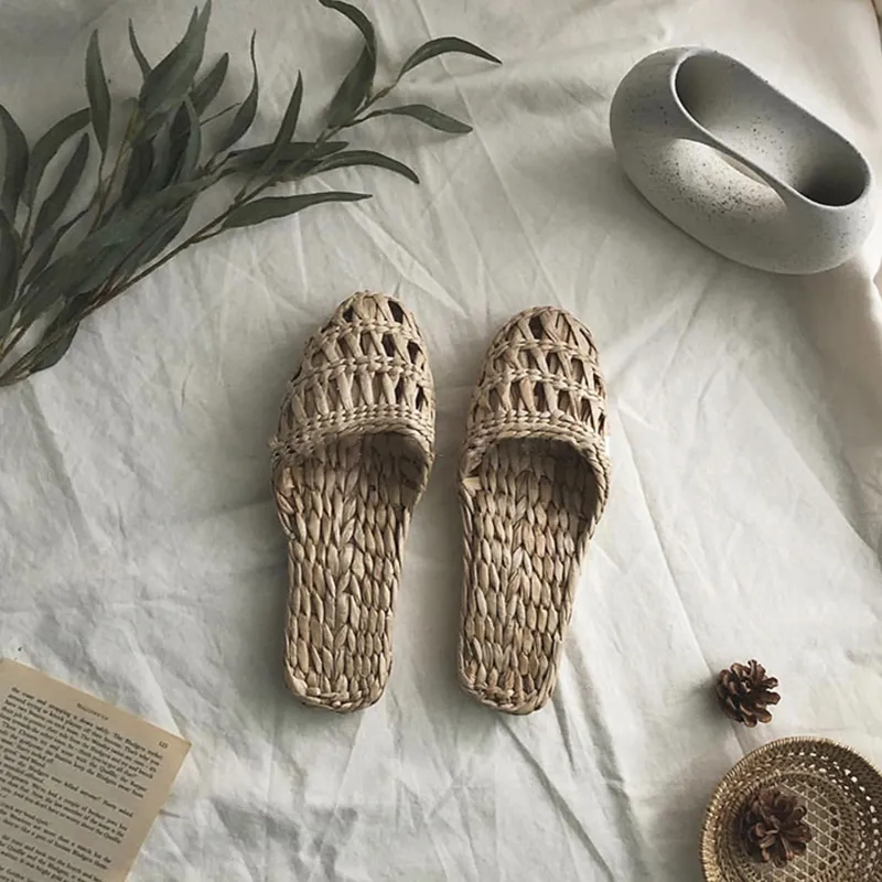 Handmade straw slippers casual shoes - Yellow