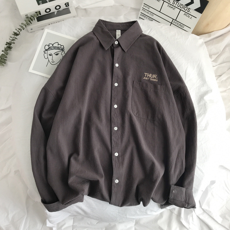 Neutral long sleeve solid color embroidered shirt