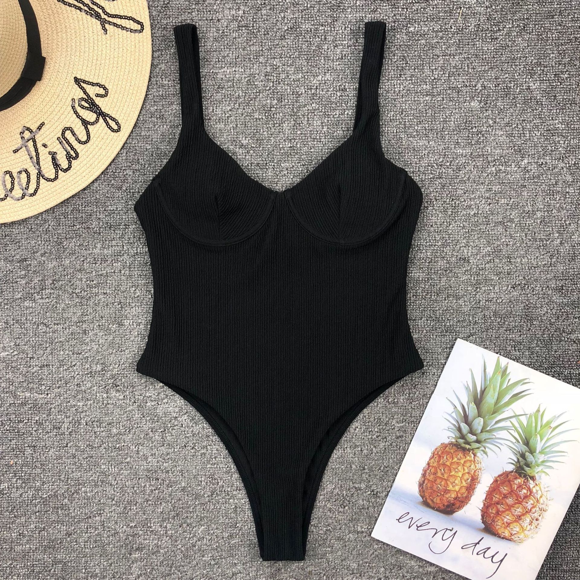 Solid color steel plate gathers sexy one-piece swimsuit