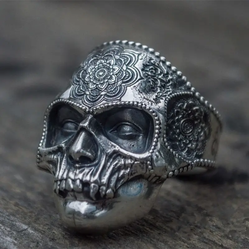 Unique Heavy Silver Color Stainless Steel Sugar Skull Ring Men's Mandala Flower Santa Muerte Biker Jewelry