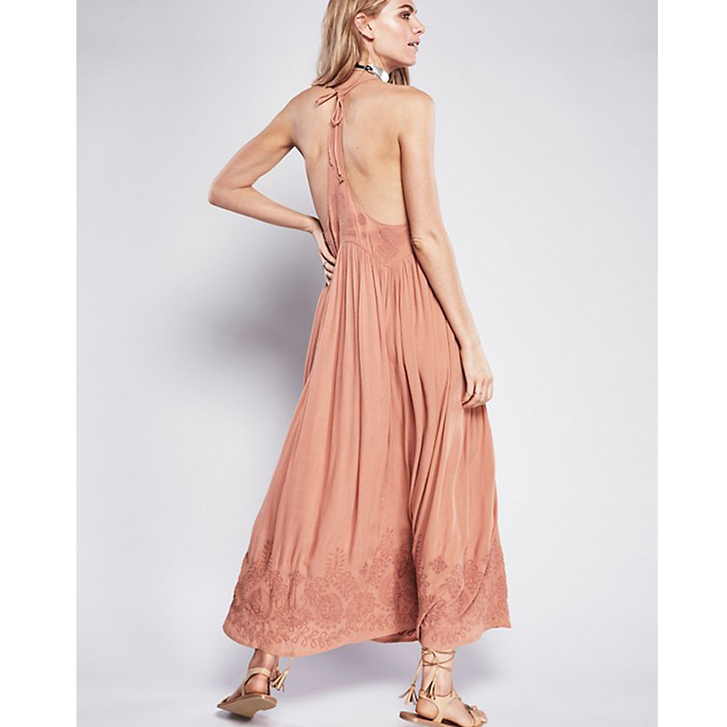 Embroidered long dress with suspenders