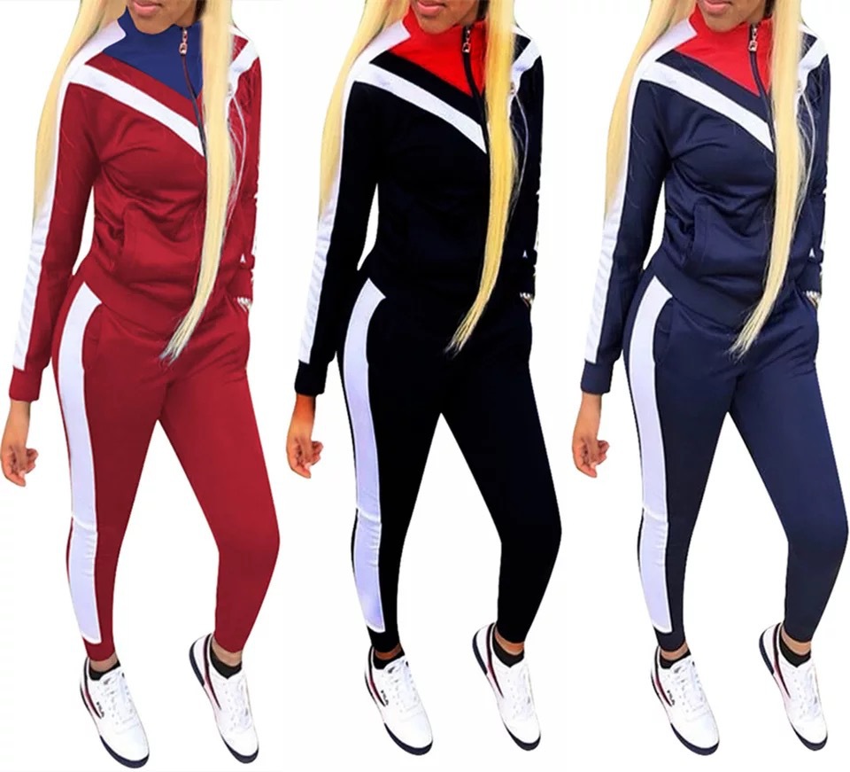 Contrast color stitching long sleeve fashion casual sports suit women
