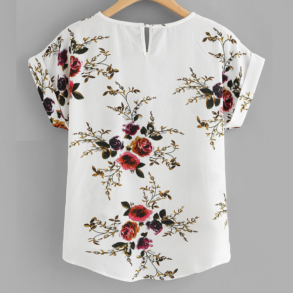 Women's round neck floral short sleeve irregular top