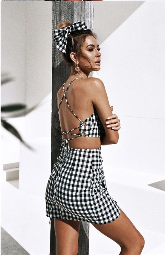 Plaid leaky back strap dress