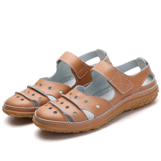 Hollow hole shoes leather mom shoes Brown - Shop at LoveMi