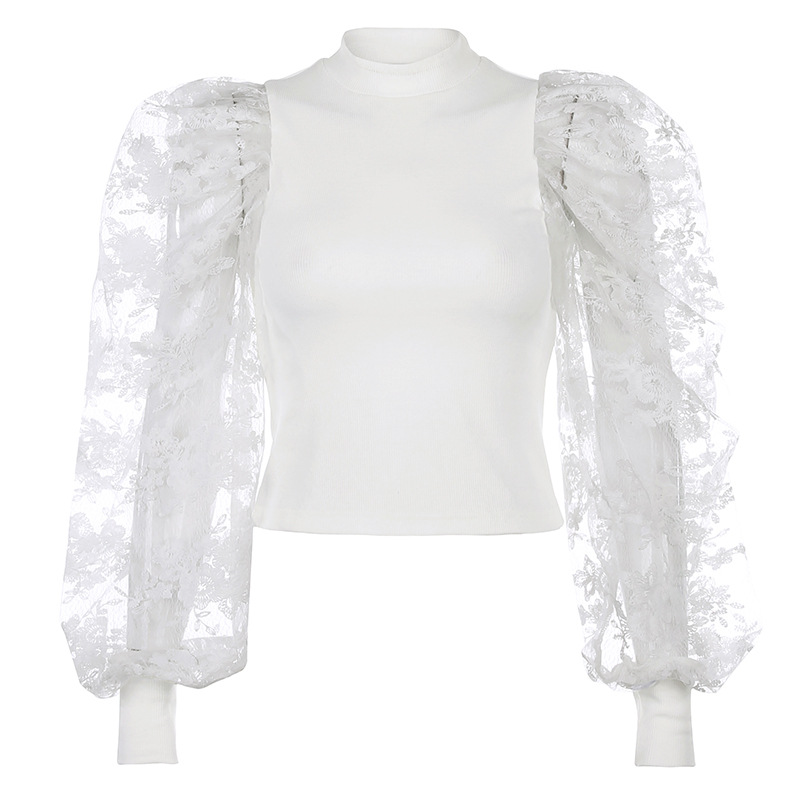 Sexy flower embroidery mesh stitching bubble sleeve jumpsuit