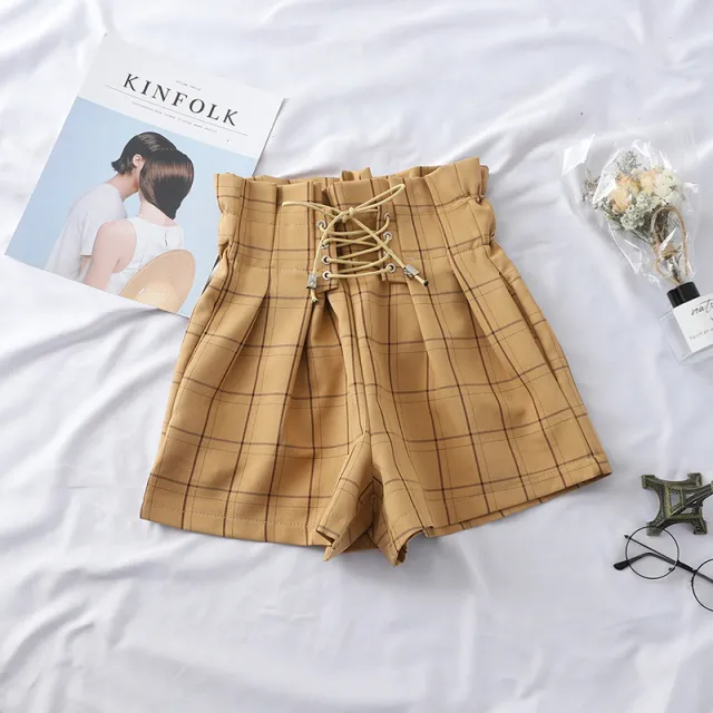 Wild flower bud high waist strap plaid shorts Khaki - Shop at LoveMi