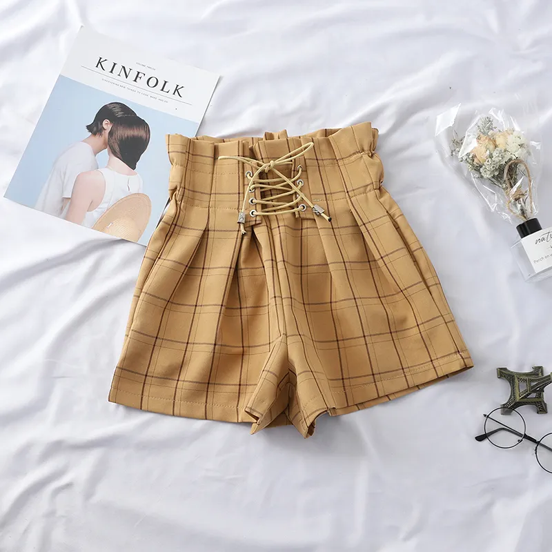 Wild flower bud high waist strap plaid shorts - Khaki