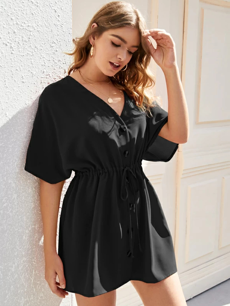 V-neck drawstring waist button dress
