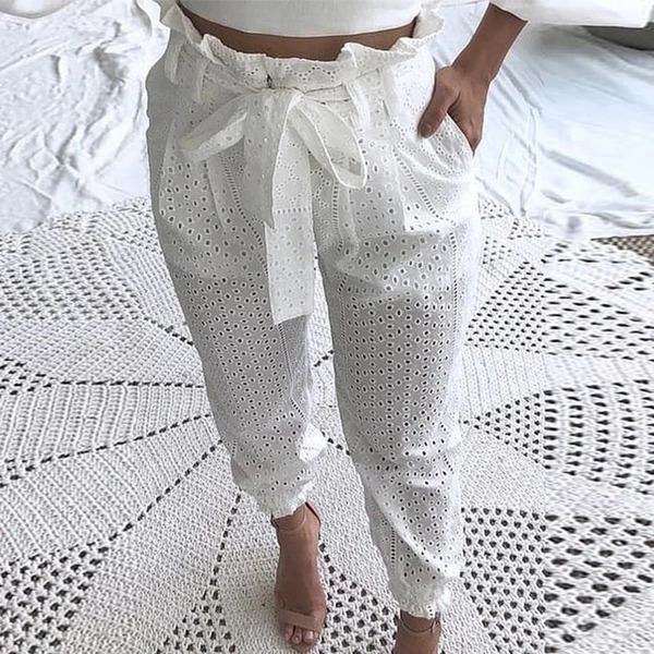 White cutout lace trousers White - Shop at LoveMi