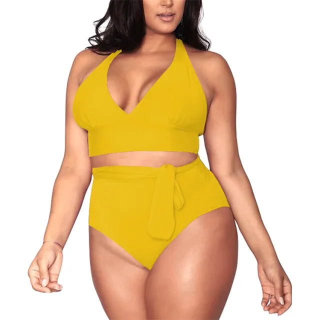 Split large size straps sexy bikini multi rope belt deep V high waist swimsuit women Yellow - Shop at LoveMi