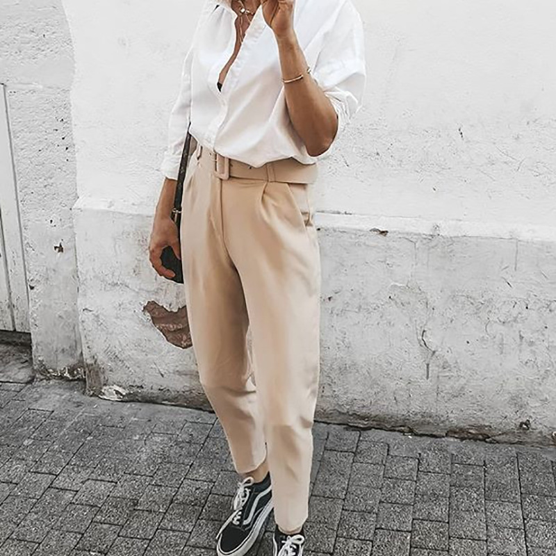 Women's solid color high waist trousers Khaki - Shop at LoveMi