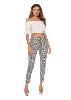Women's high-waist checked slim pencil-leg pants - Black - View 1