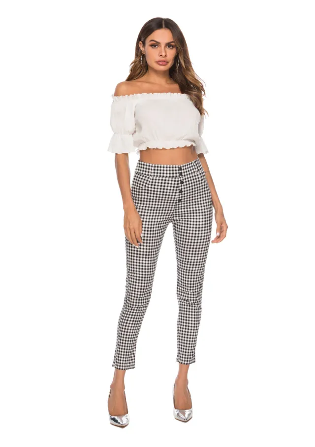Women's high waist checked slim pencil leg pants Black - Shop at LoveMi