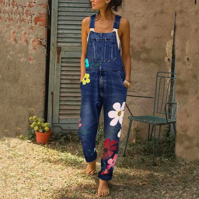 Floral Print Denim Overalls Long Trousers Jumpsuit With Pockets Dark Blue - Shop at LoveMi