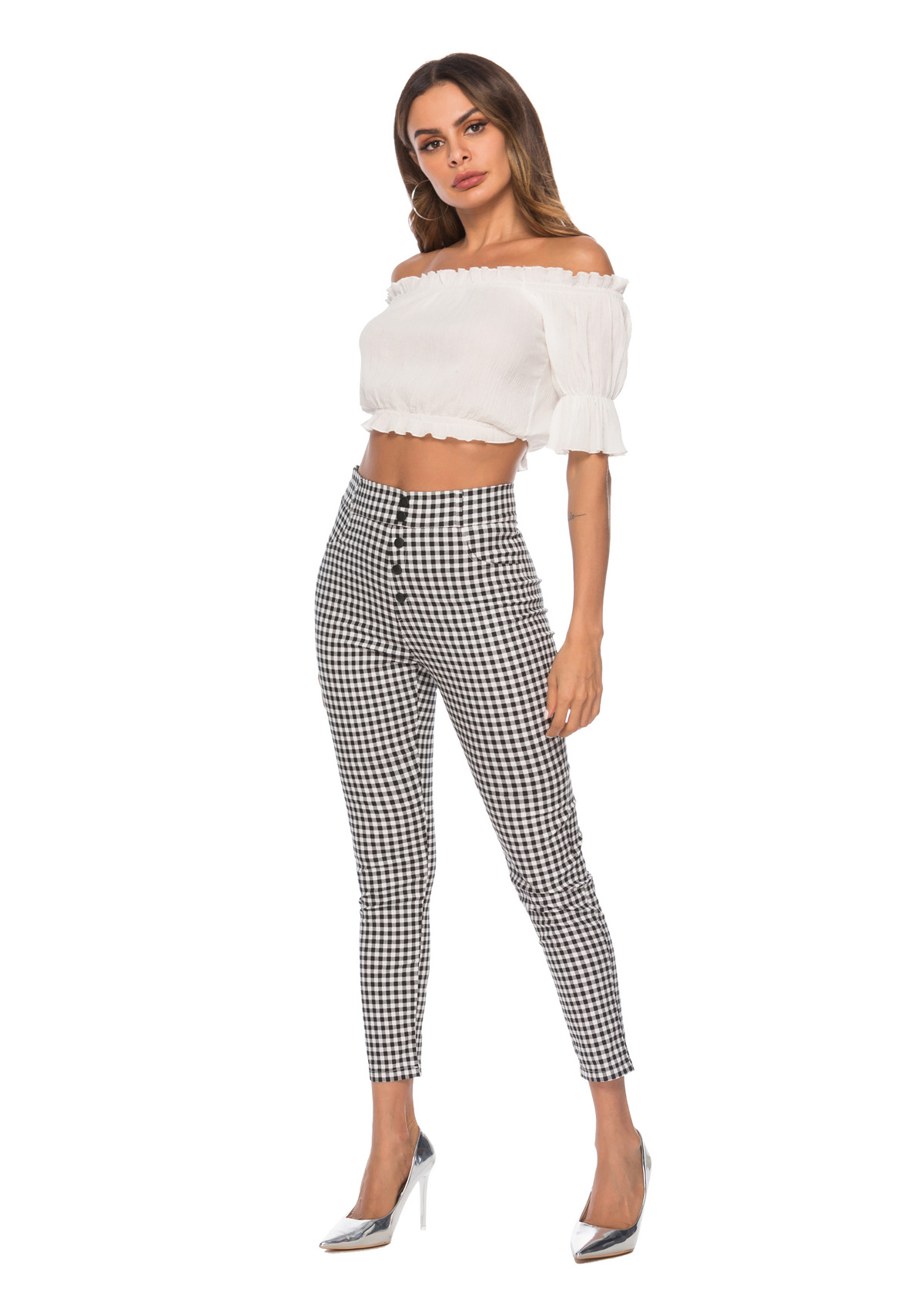 Women's high-waist checked slim pencil-leg pants