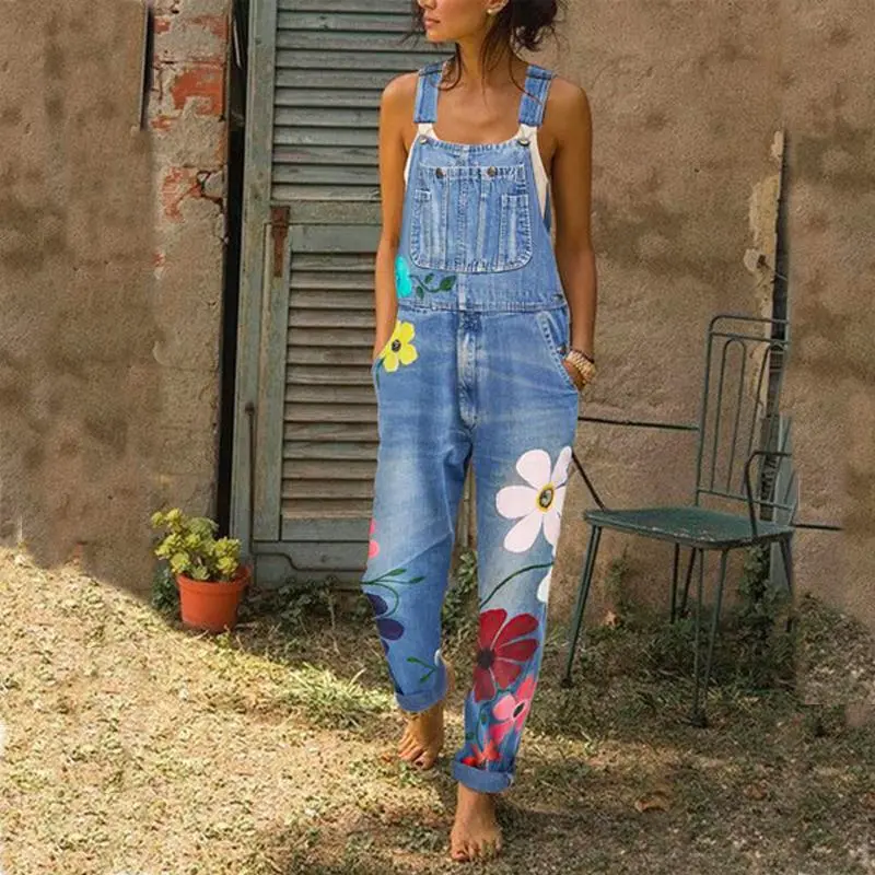 Floral Print Denim Overalls Long Trousers Jumpsuit With Pockets - Blue