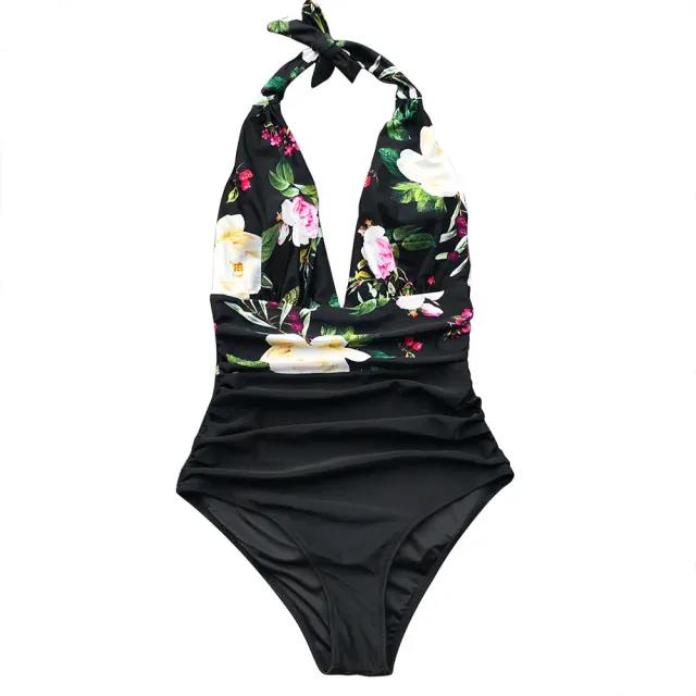 European and American sexy digital print backless plus size one piece swimsuit Black - Shop at LoveMi
