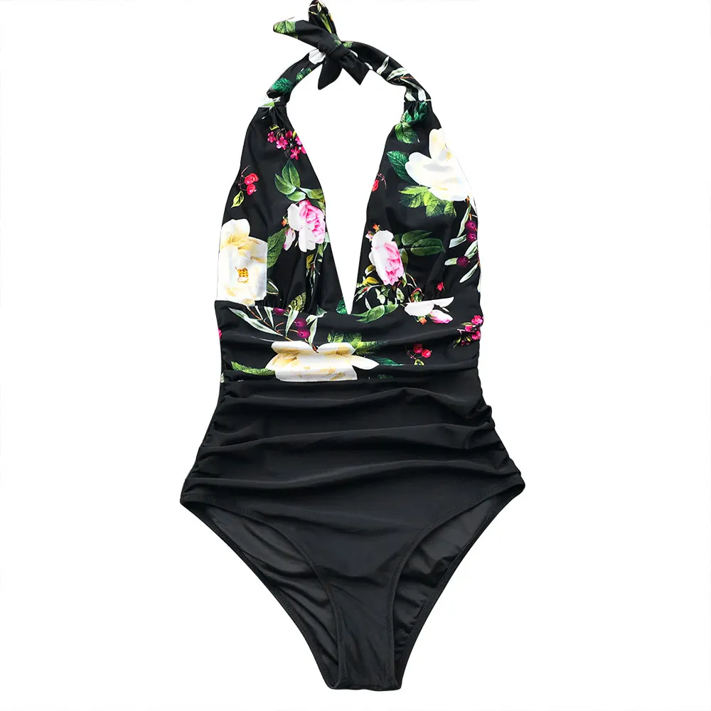 European and American sexy digital print backless plus size one-piece swimsuit - Black