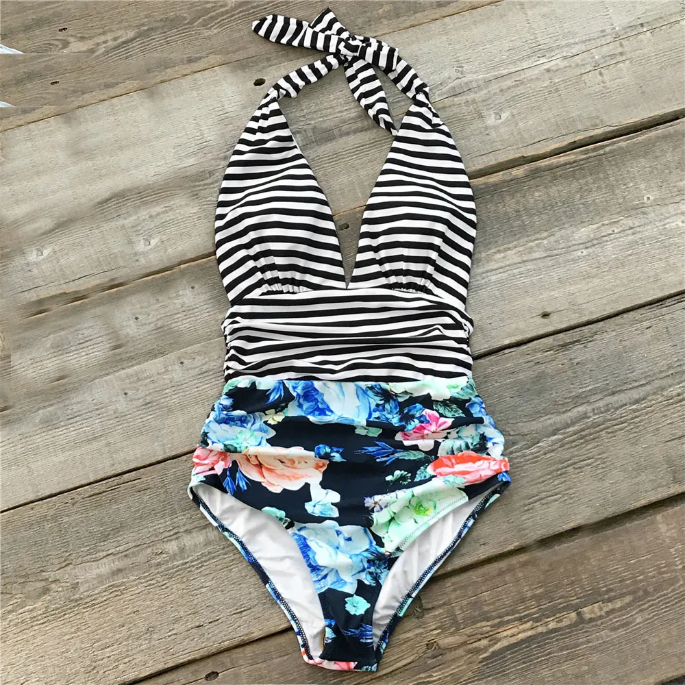 European and American sexy digital print backless plus size one-piece swimsuit - Stripe-M