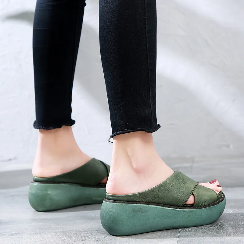 Platform sandals and slippers female open-toe muffin wedge large size women's shoes - Green