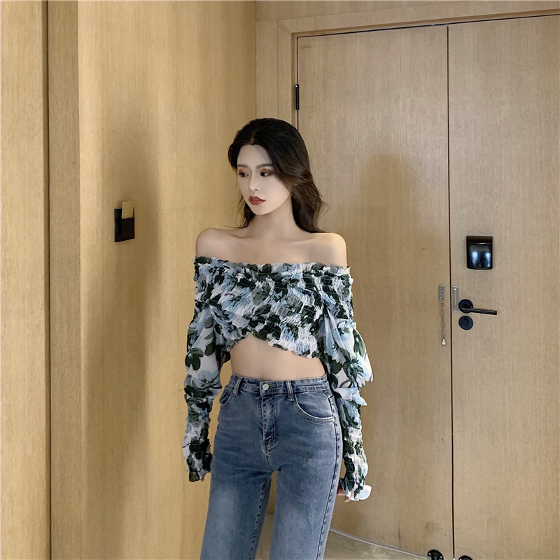 Short off-the-shoulder lantern sleeve top