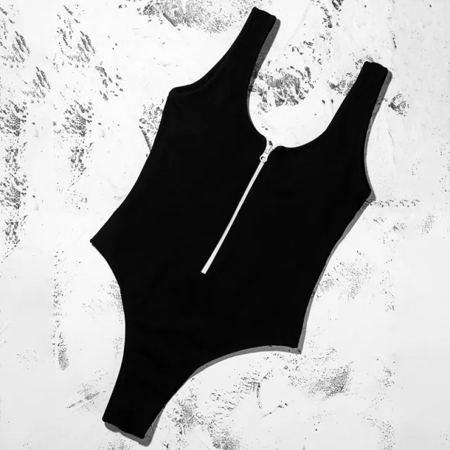 Solid color zipper stitching sexy swimsuit Black - Shop at LoveMi