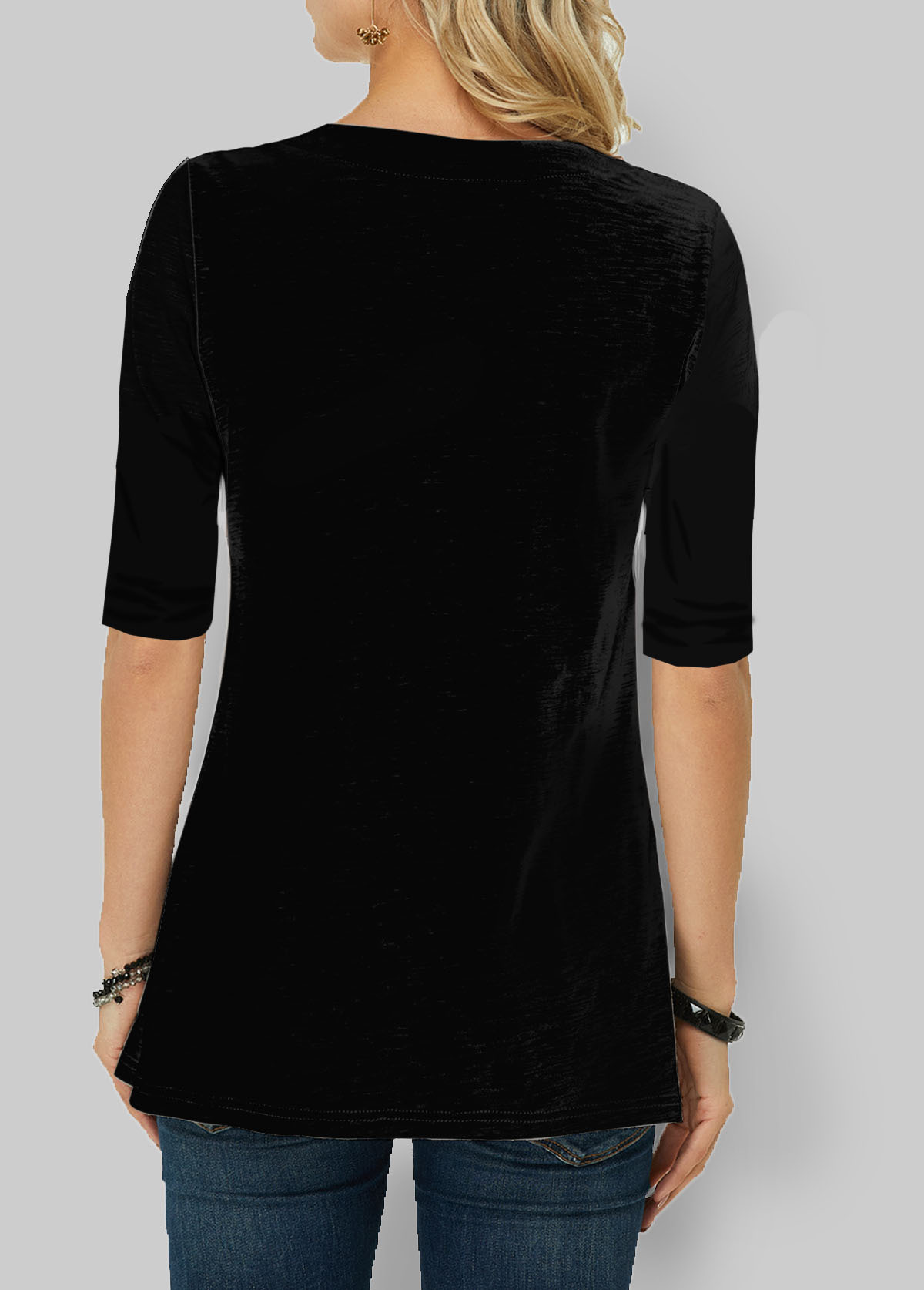 Button feather print hooded crew neck T-shirt