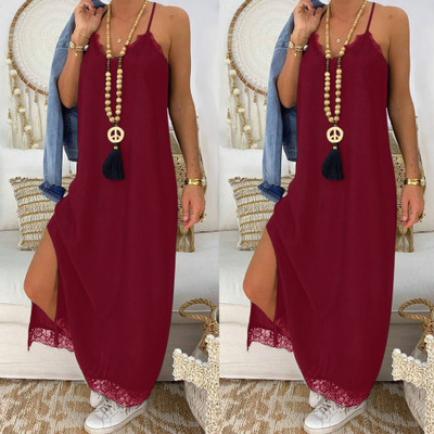 Strap lace wide loose hem hem dress