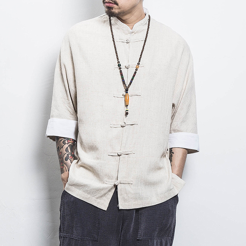 Chinese style retro men's quarter sleeve linen shirt