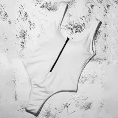 Solid color zipper stitching sexy swimsuit - White - View 1