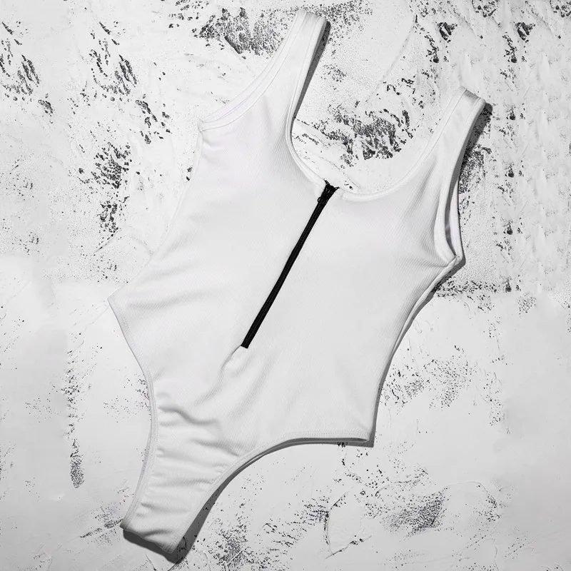 Solid color zipper stitching sexy swimsuit - White