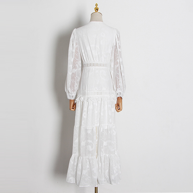 Lace hollow lantern sleeve V-neck dress