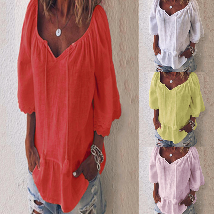 3/4 sleeves tied wide loose lace shirt