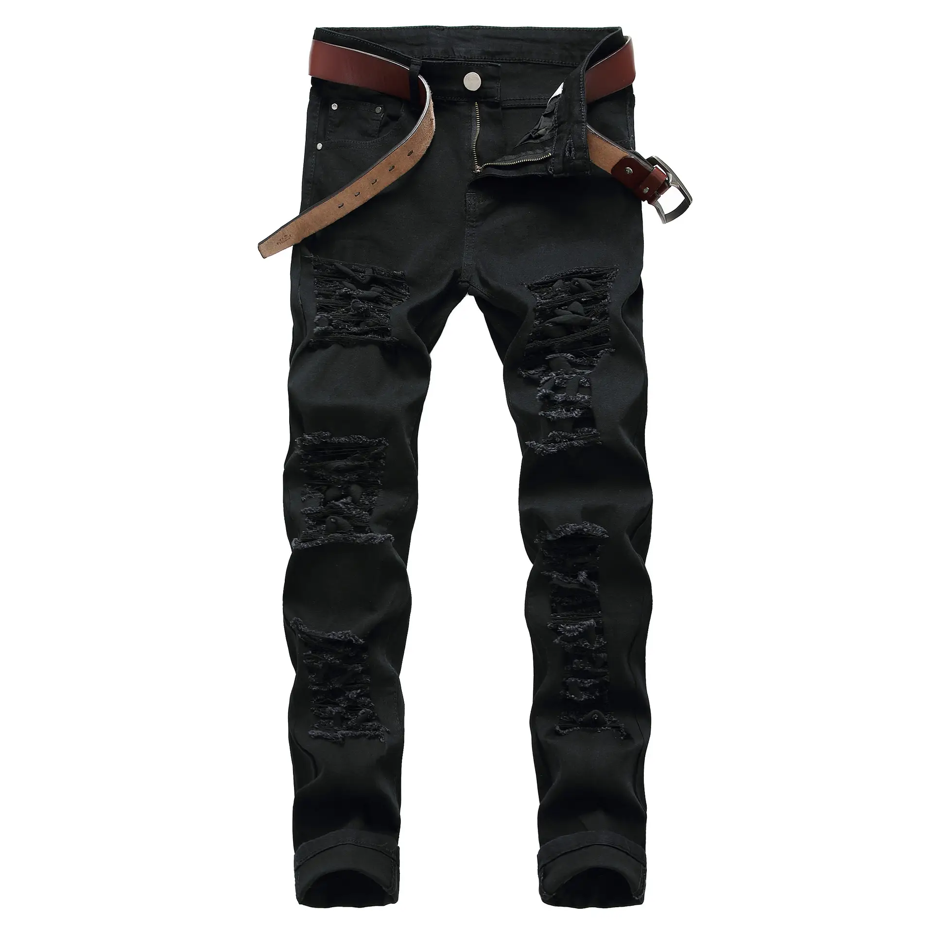 Men's Jeans Slim Straight Straight Holes White Red Black Locomotive Beggar Long