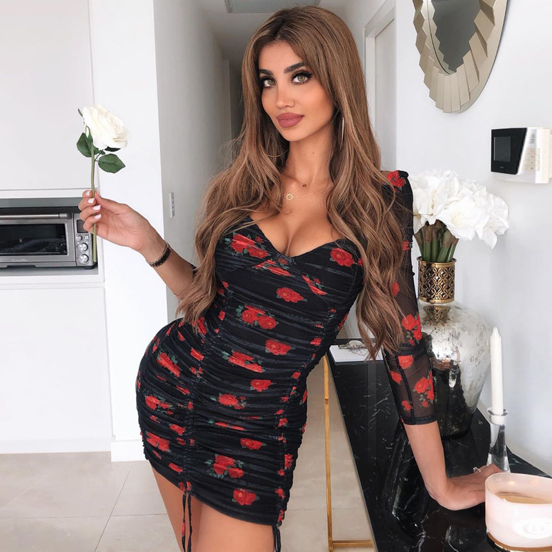 Drawstring pleated tulle long sleeve dress