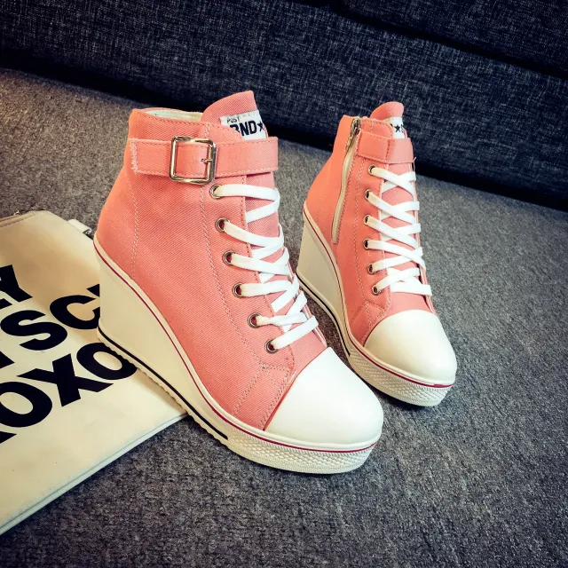 Side zip 8 cm heightened thick bottom wedge high top canvas shoes women Pink - Shop at LoveMi