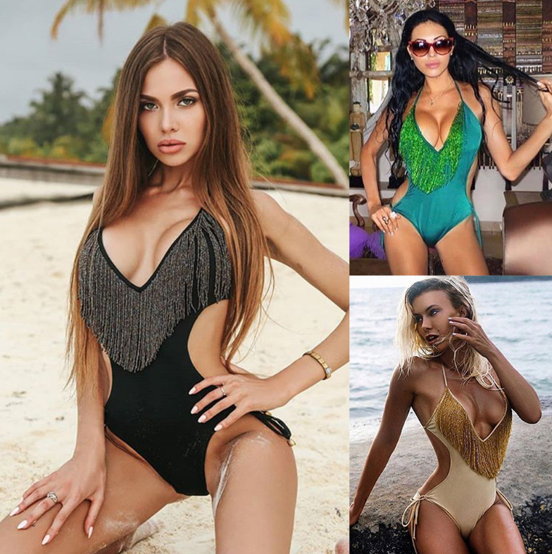Deep V fringe waistless sexy ladies one-piece swimsuit