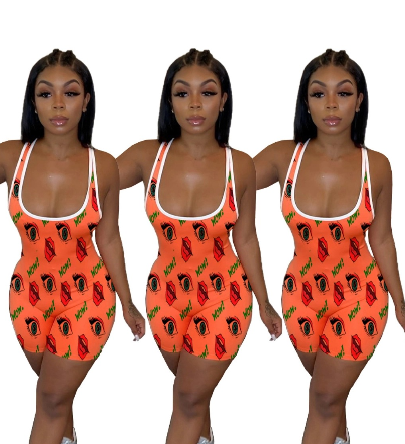 Deep U-neck digital printed printed jumpsuit