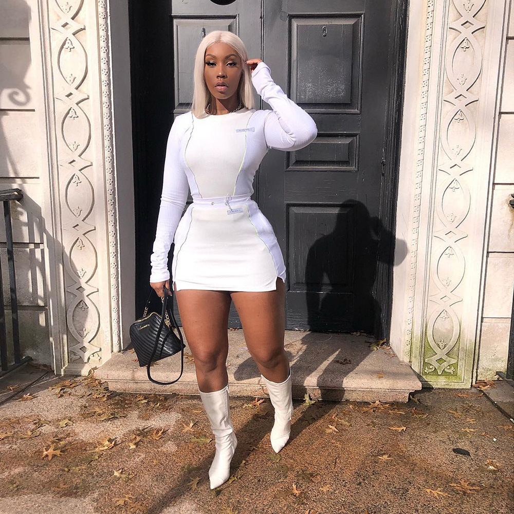 Reflective Edge Stripe Long Sleeve Split Skirt Suit